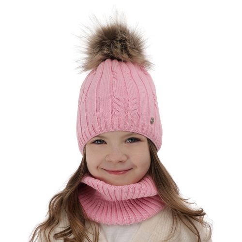 Flicka vinter set: mössa och halsduk, rosa, med pompom, Amaltea