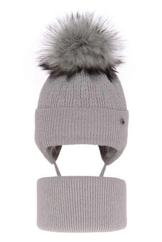 Flicka vinter set: mössa och halsduk, grå, med pompom, Kornela