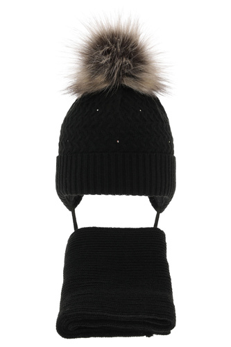 Flicka vinter set: mössa och halsduk, svart, med pompom, med knytband, Zelta