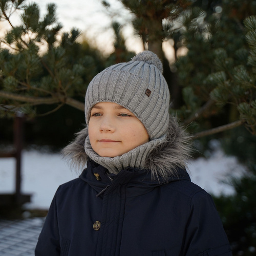 Pojke vinter set: mössa och tubhalsduk, grå, med pompom, Wiliam