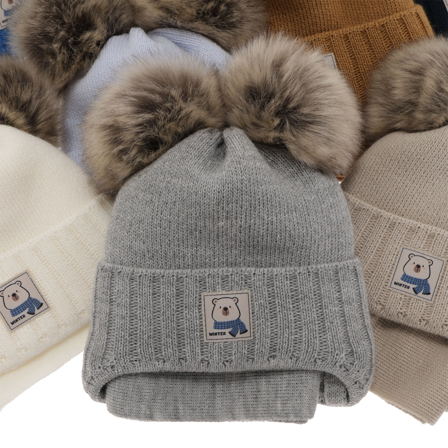 Pojke vinter set: mössa och halsduk, camel, med två pompommar, Jewel