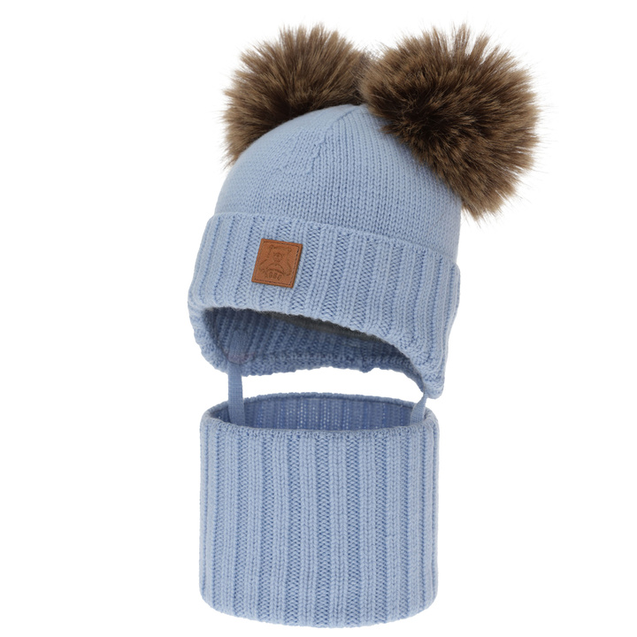 Pojke mössa och tubscarf, vinter set, himmelsblå, 100% merinull, fodrad med ullfleece, Ronik