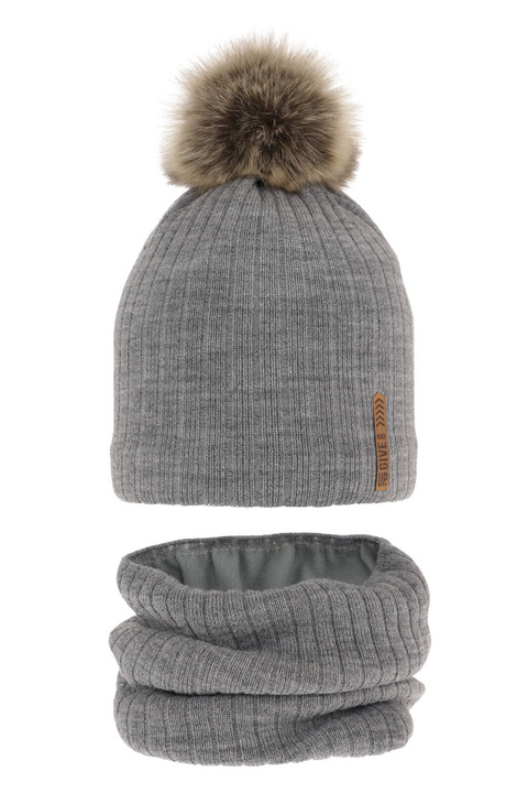 Pojke vinter set: mössa och halsduk, grå, med pompom, Kalen