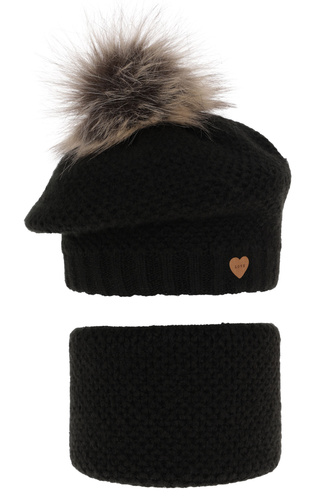 Flicka vinter set: beret och komin, svart, med pompom, Francesca
