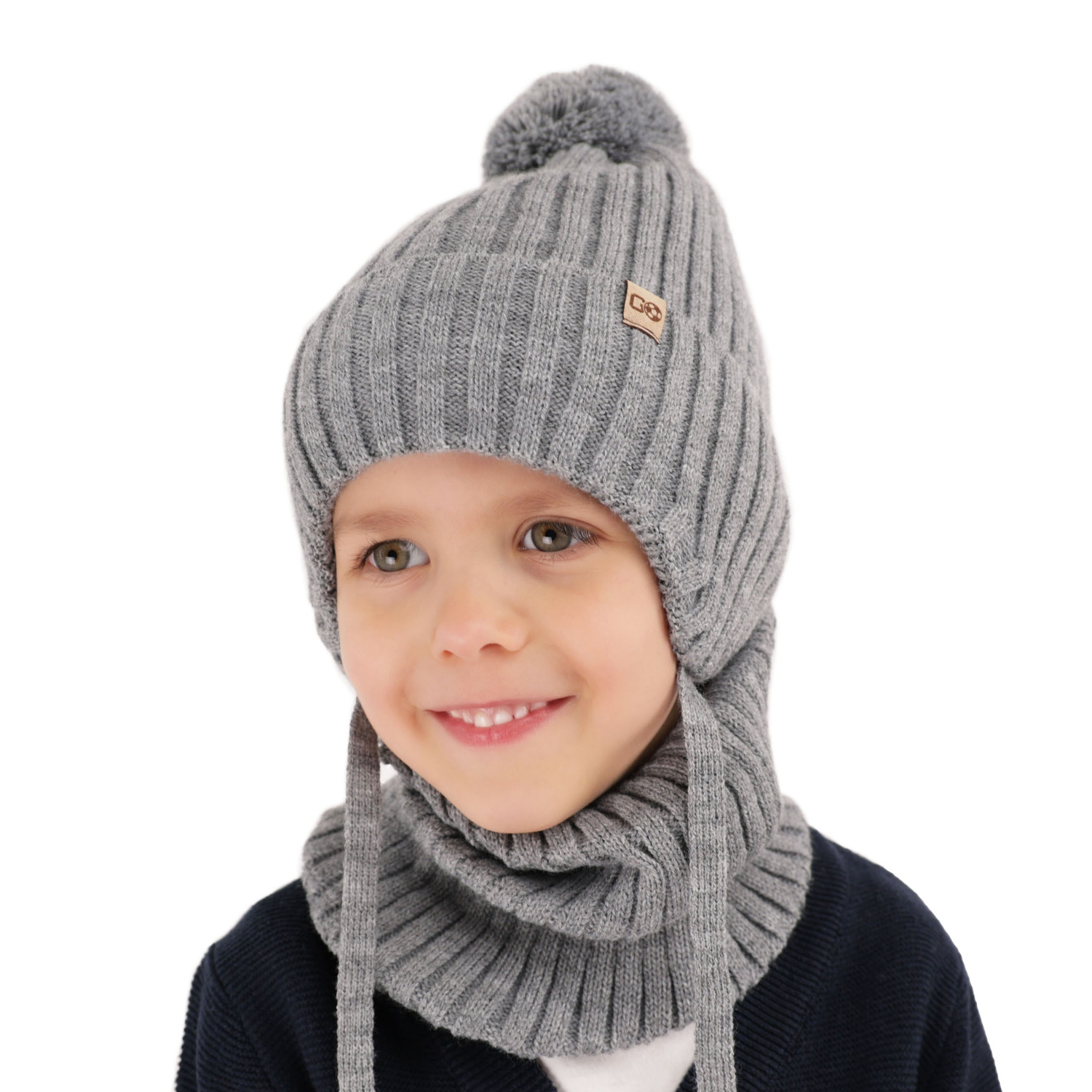 Pojke vinter set: mössa och tubhalsduk, khaki, med pompom, Carlo