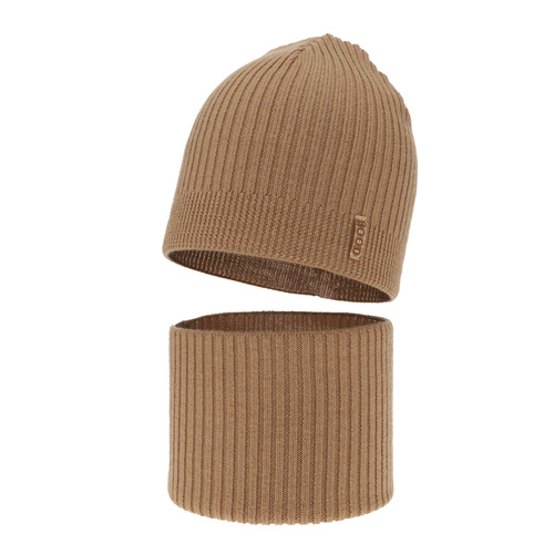 Pojke höst/vår set: mössa och tubhalsduk, camel, 100% Merino Ull, Chester