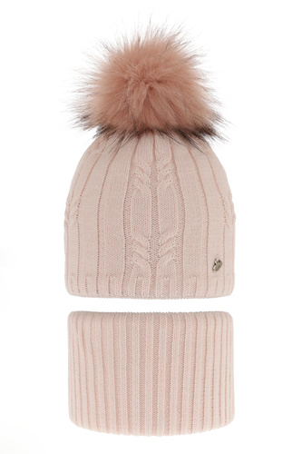 Flicka vinter set: mössa och halsduk, rosa, med pompom, Amaltea