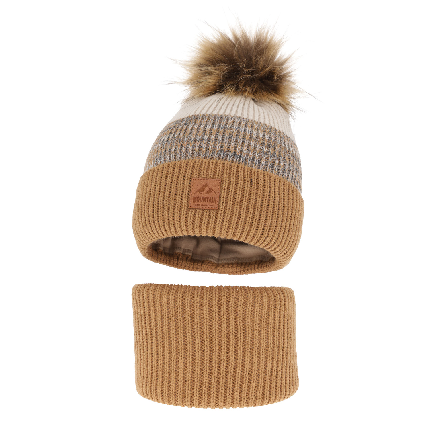 Pojke vinter set: mössa och halsduk, camel, med pompom, Buffalo