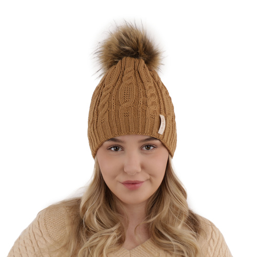 Dam vintermössa, camel, med pompom, Mirka