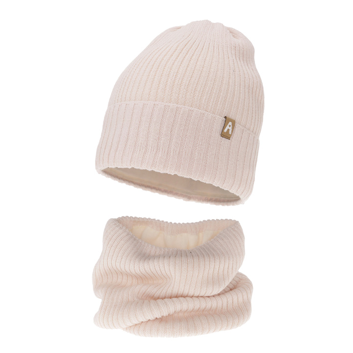 Flicka vinter set: mössa och halsduk, ljusbeige, med merinull, fodrad med fleece, Peggy