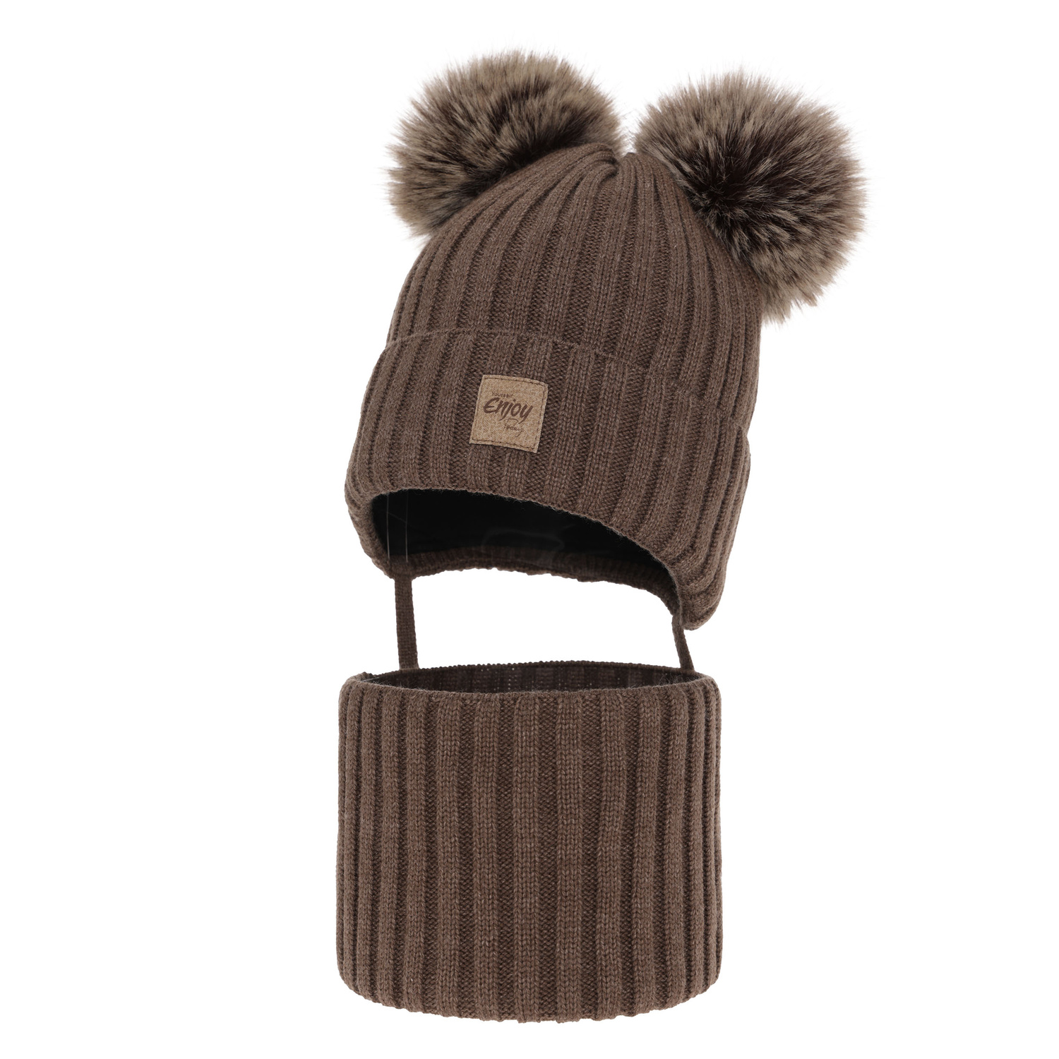 Pojke vinter set: mössa och halsduk, brun, med två pompommar, knytband, Orange