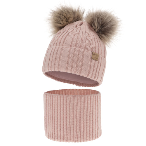 Flicka vinter set: mössa och tubhalsduk, rosa, med två pompommar, Sierra