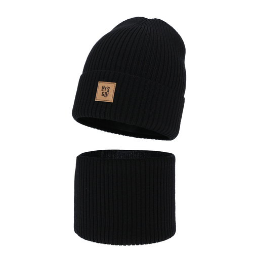 Pojke höst/vår set: mössa och tubhalsduk, svart, 100% Merino Ull, Vanto