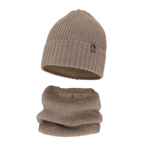 Pojke vinter set: mössa och halsduk, beige, med merinull, Gecko