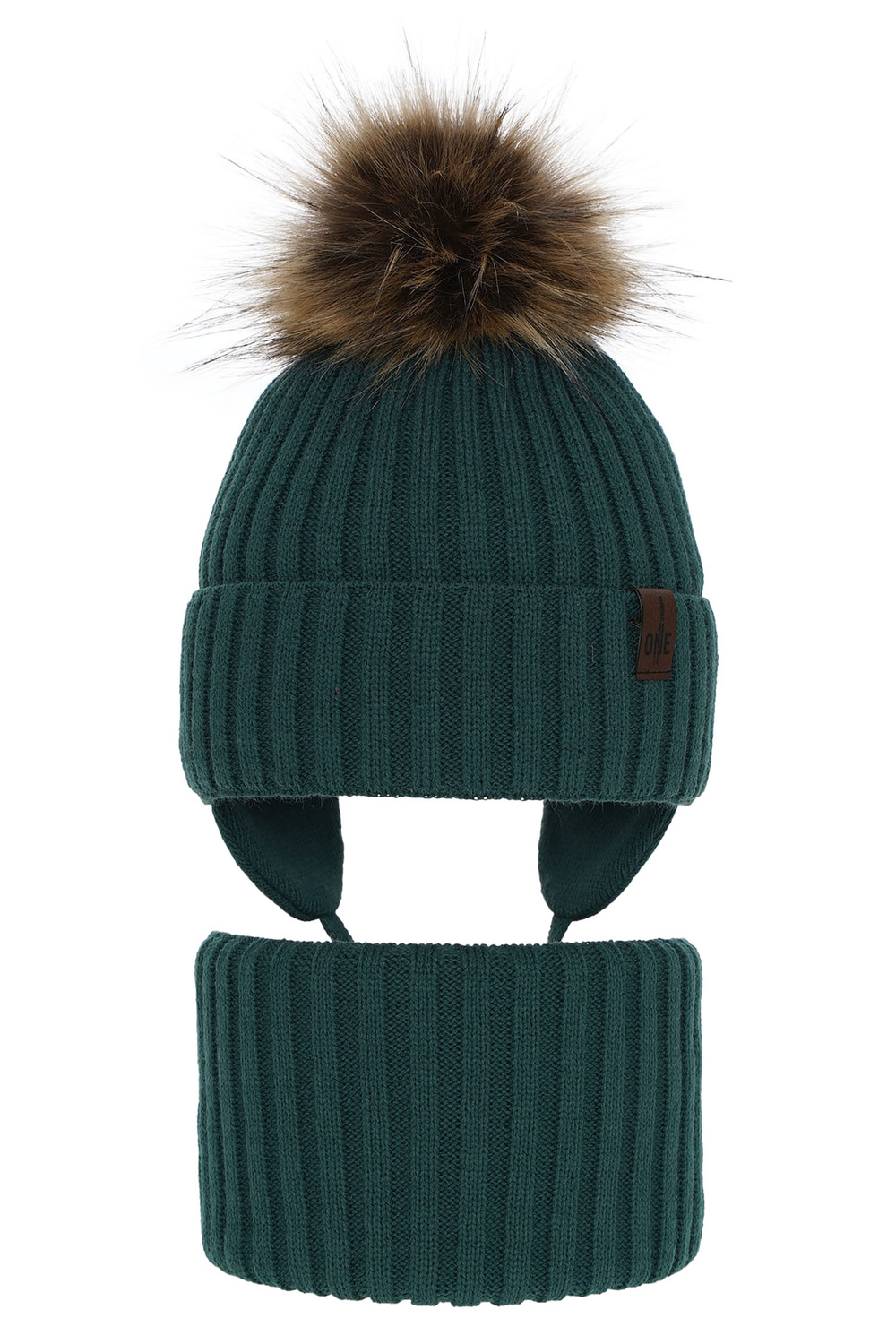 Pojke vinter set: mössa och tubhalsduk, grön, med pompom, Puzel
