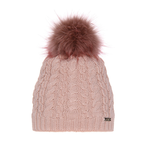 Dam vintermössa, rosa, med merinull, med pompom, Satina