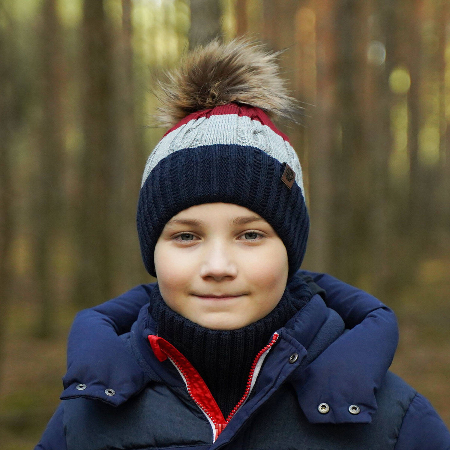 Pojke vinter set: mössa och halsduk, blå, med pompom, Karmel