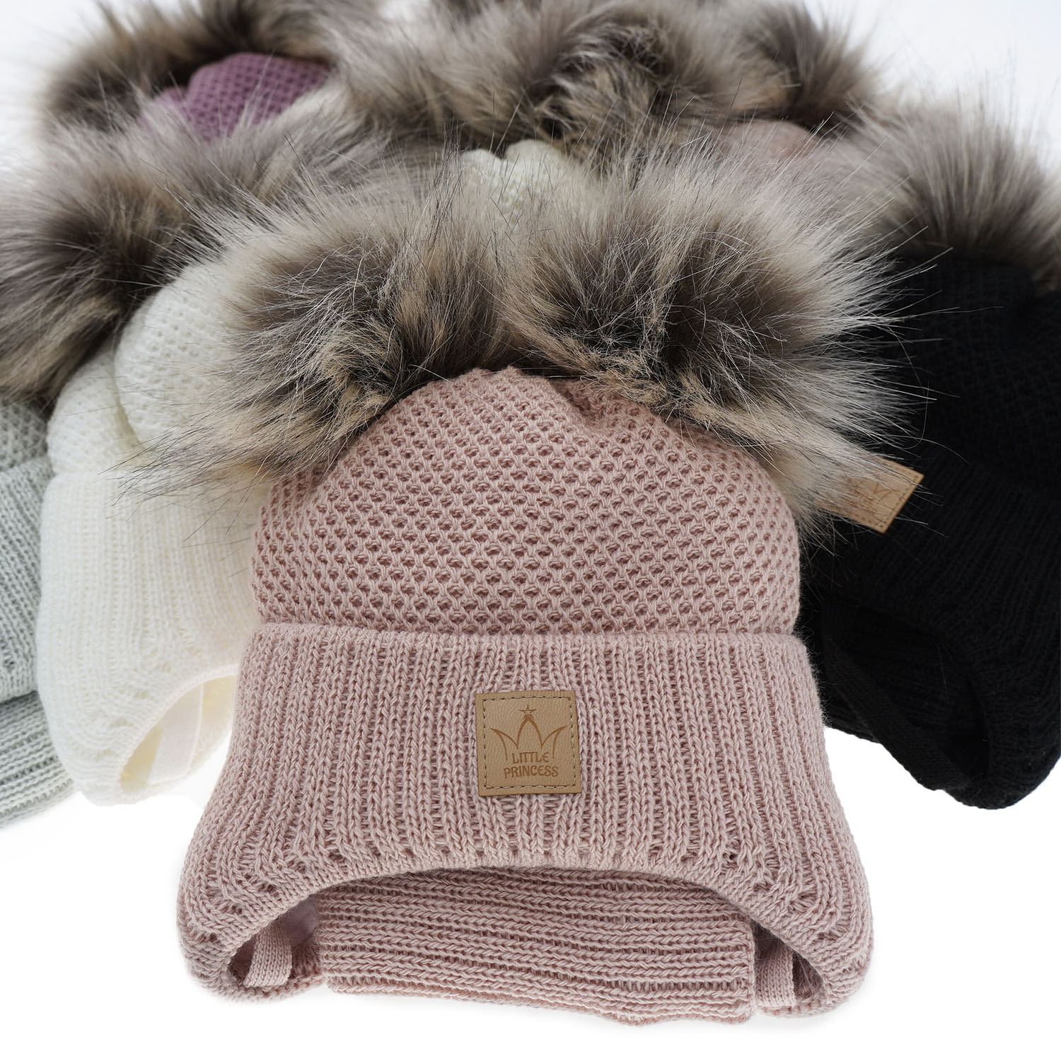 Flicka vinter set: mössa och tubhalsduk, rosa, med två pompommar, med knytband, Minsi
