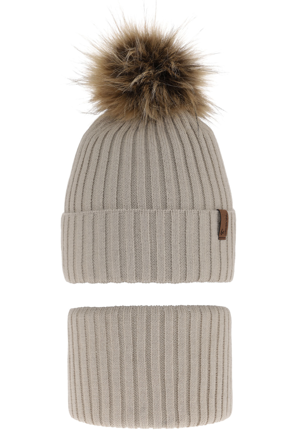 Pojke vinter set: mössa och halsduk, beige, med pompom, Onyks