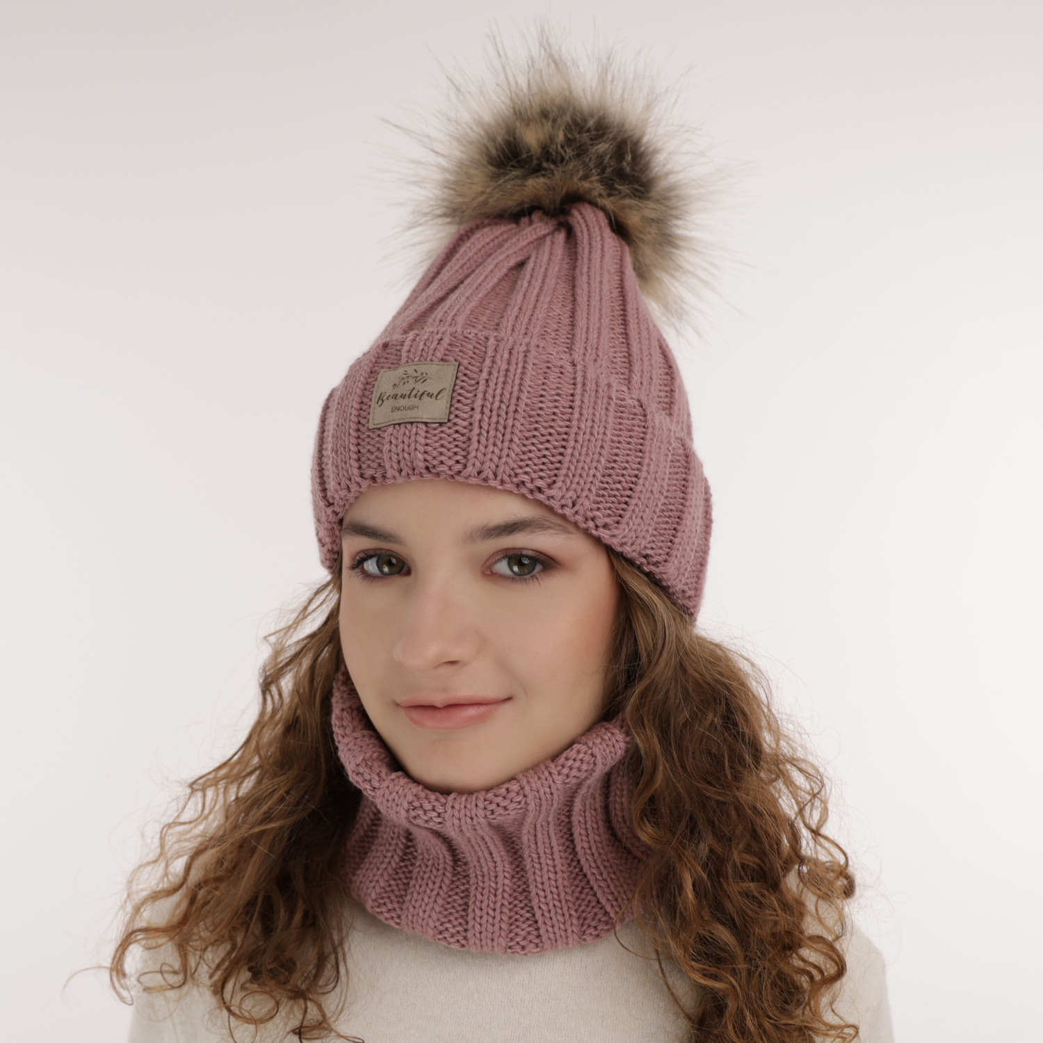 Flicka vinter set: mössa och halsduk, vit, med pompom, Kaliope
