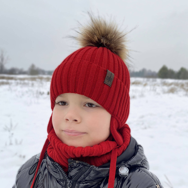 Pojke vinter set: mössa och tubhalsduk, röd, med pompom, Puzel