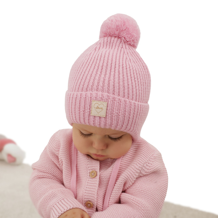Flicka vintermössa, rosa, med pompom, med knytband, 100% Merino Ull, Fodrad med bomull, Havana