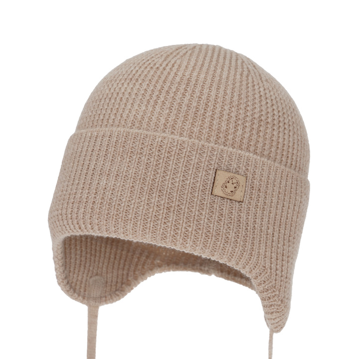Pojke höst/vår mössa, beige, 100% Merino Ull, Med knytband, Bakadi
