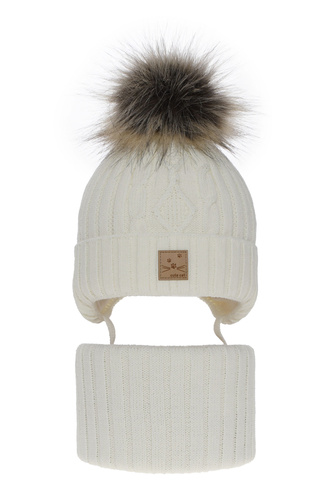 Flicka vinter set: mössa och halsduk, krem, med pompom, Aida
