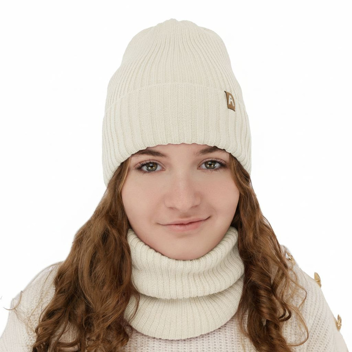 Flicka vinter set: mössa och tubhalsduk, kremowy, med merinull, fodrad med fleece, Peggy