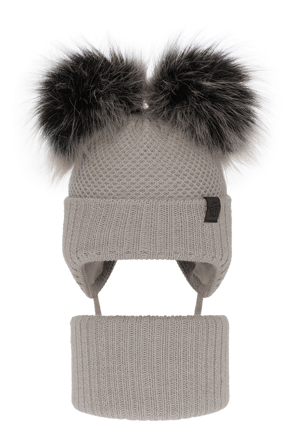 Pojke vinter set: mössa och tubhalsduk, beige, med två pompommar, med knytband, Randel