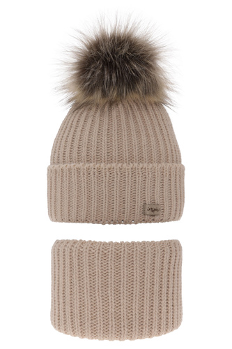 Flicka vinter set: mössa och tubhalsduk, beige, med pompom, Willow