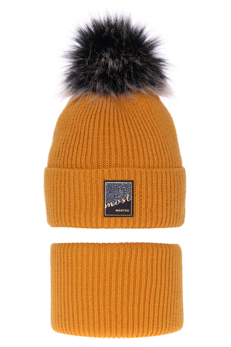Flicka vinter set: mössa och tubhalsduk, miodowy, med pompom, Sycylia