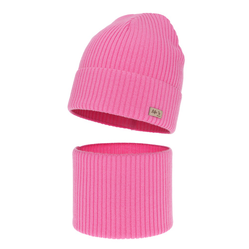 Flicka höst/vår set: mössa och tubhalsduk, rosa, 100% Merino Ull, Itra