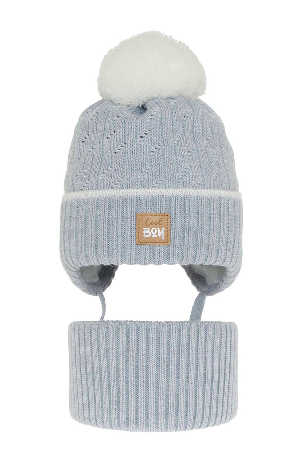 Pojke vinter set: mössa och tubhalsduk, blå, med pompom, knytband, Pikolo
