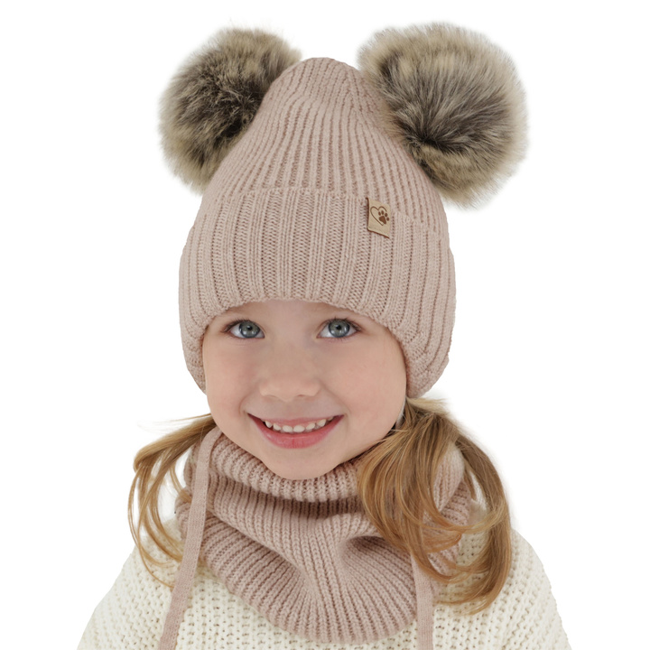 Flicka vinter set: mössa och tubhalsduk, beige, med två pompommar, wiązany, 100% Merino Ull, Silvia