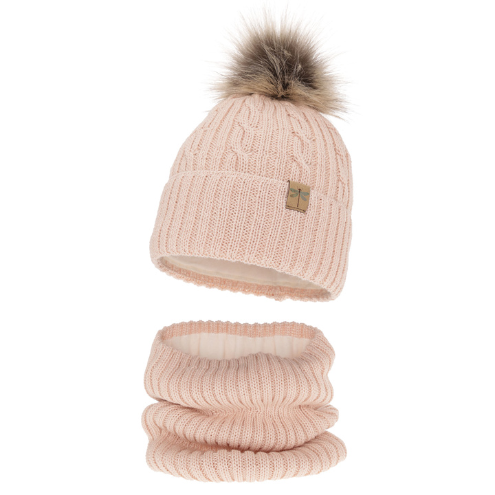 Flicka vinter set: mössa och tubhalsduk, ljusrosa, med pompom, med merinull, Aprilia