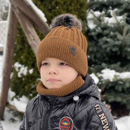 Pojke vinter set: mössa och tubhalsduk, blå, med pompom, Havier