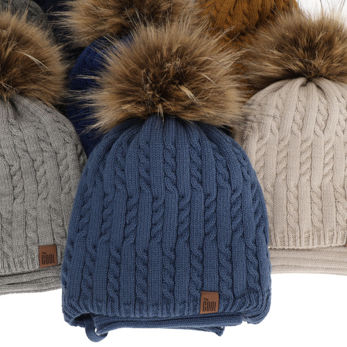 Pojke vinter set: mössa och tubhalsduk, mörkblå, med pompom, knytband, Indigo