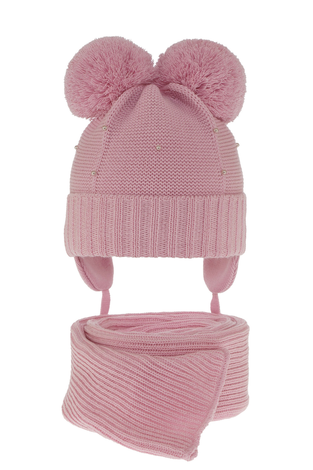 Flicka vinter set: mössa och halsduk, rosa, med två pompommar, Fibien