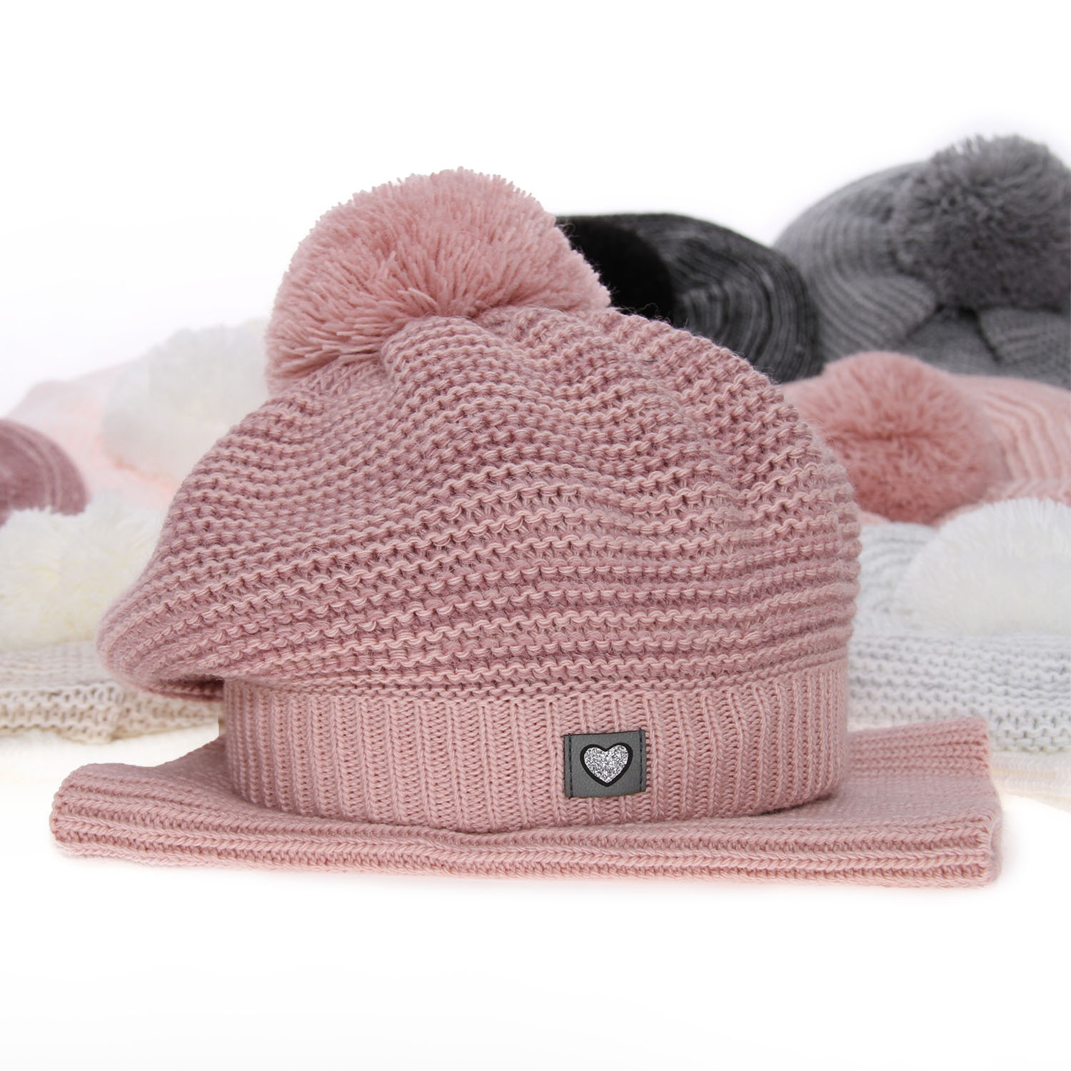 Flicka vinter set: mössa och halsduk, rosa, med pompom, Lira