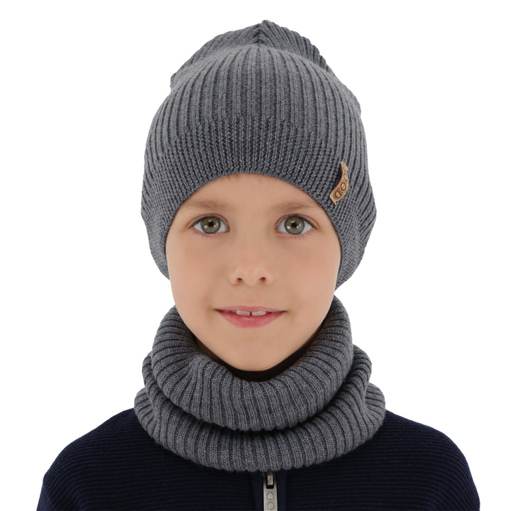 Pojke höst/vår set: mössa och tubhalsduk, grå, 100% Merino Ull, Chester