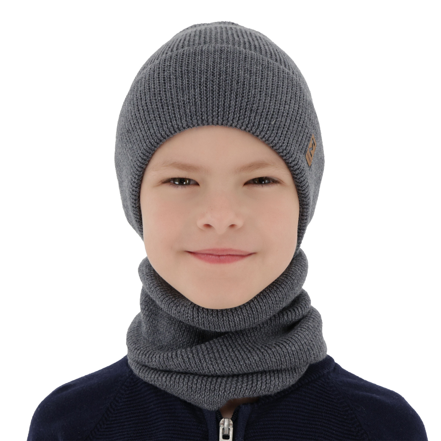 Pojke höst/vår set: mössa och tubhalsduk, mörkgrå, 100% Merino Ull, Bruce