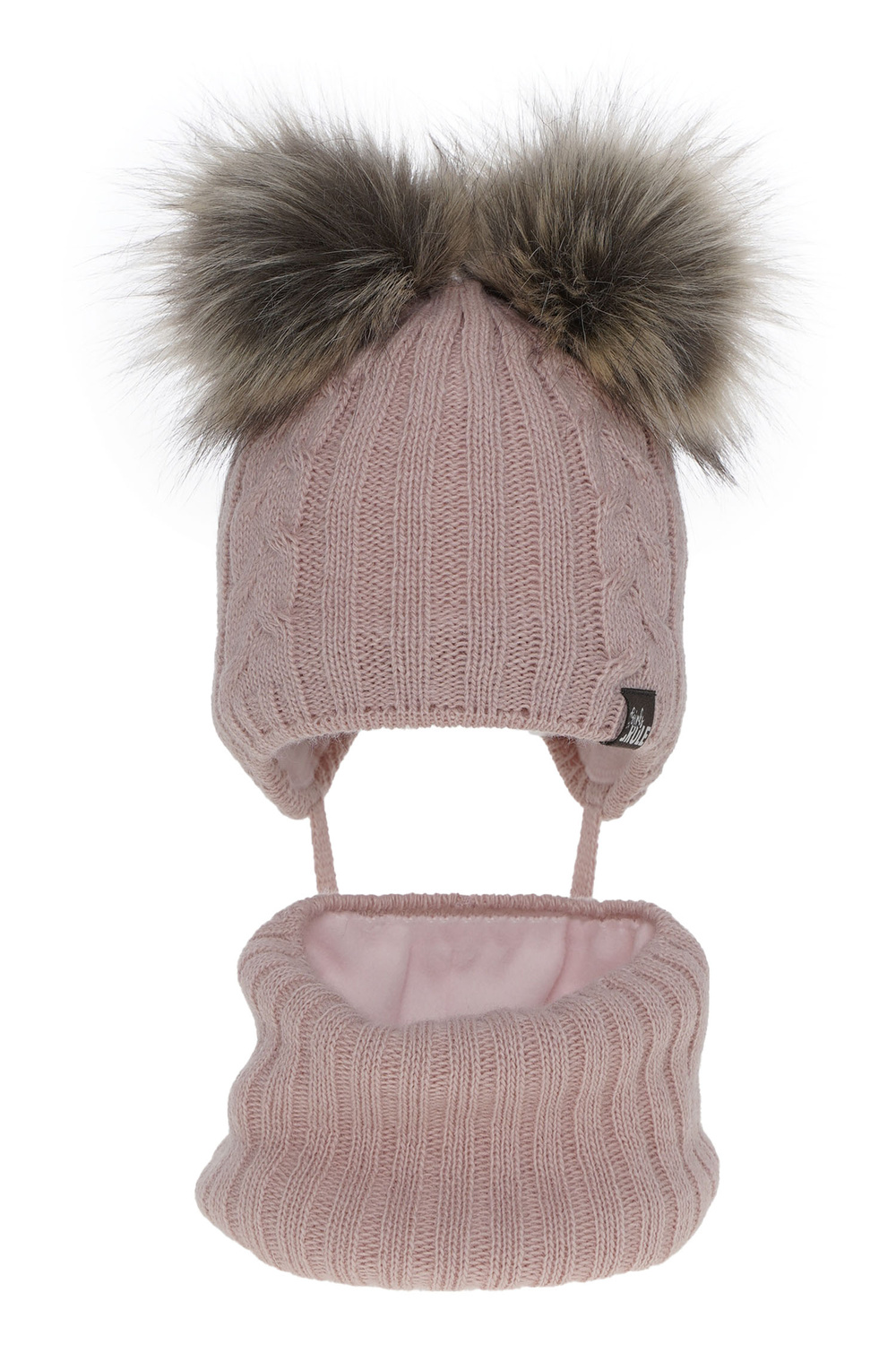Flicka vinter set: mössa och tubhalsduk, rosa, med två pompommar, knytband, Marlen