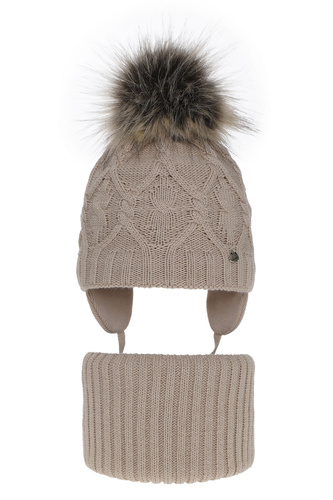 Flicka vinter set: mössa och tubhalsduk, beige, med pompom, Elena