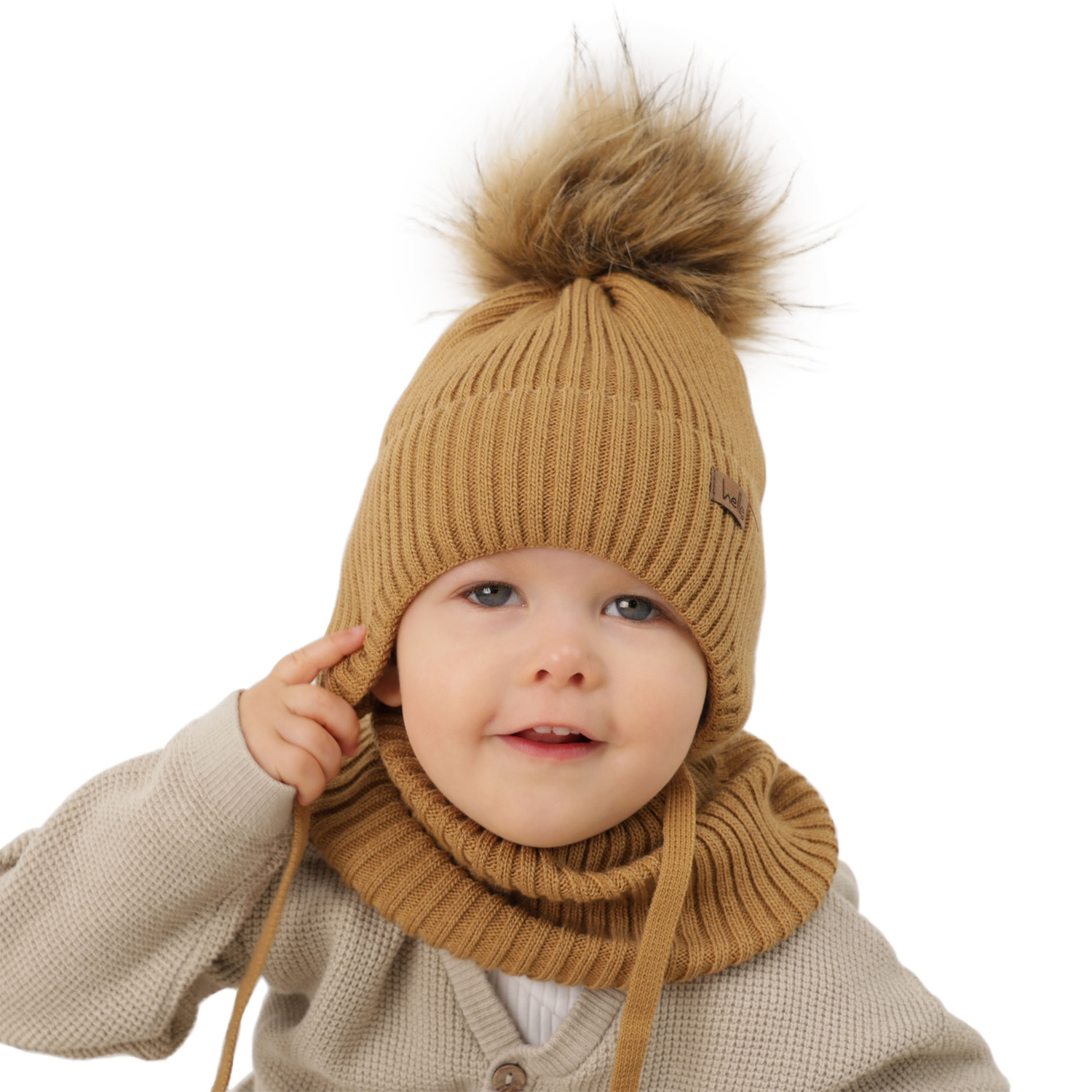 Pojke vinter set: mössa och halsduk, beige, med pompom, Bergo