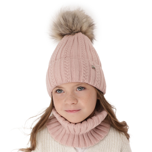 Flicka vinter set: mössa och halsduk, beige, med pompom, Wirginia