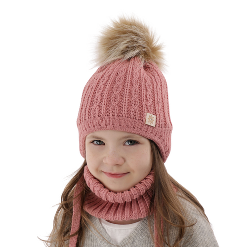Flicka vinter set: mössa och tubhalsduk, rosa, med pompom, Passa