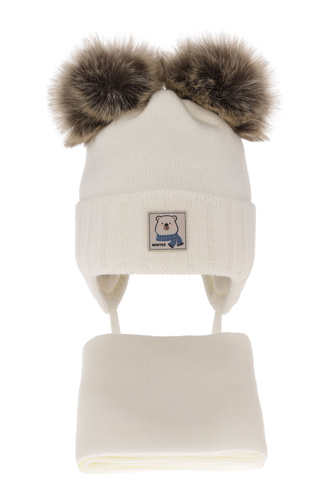 Pojke vinter set: mössa och halsduk, kremowy, med två pompommar, knytband, Jewel