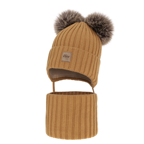 Pojke vinter set: mössa och tubhalsduk, camel, med två pompommar, wiązany Orange