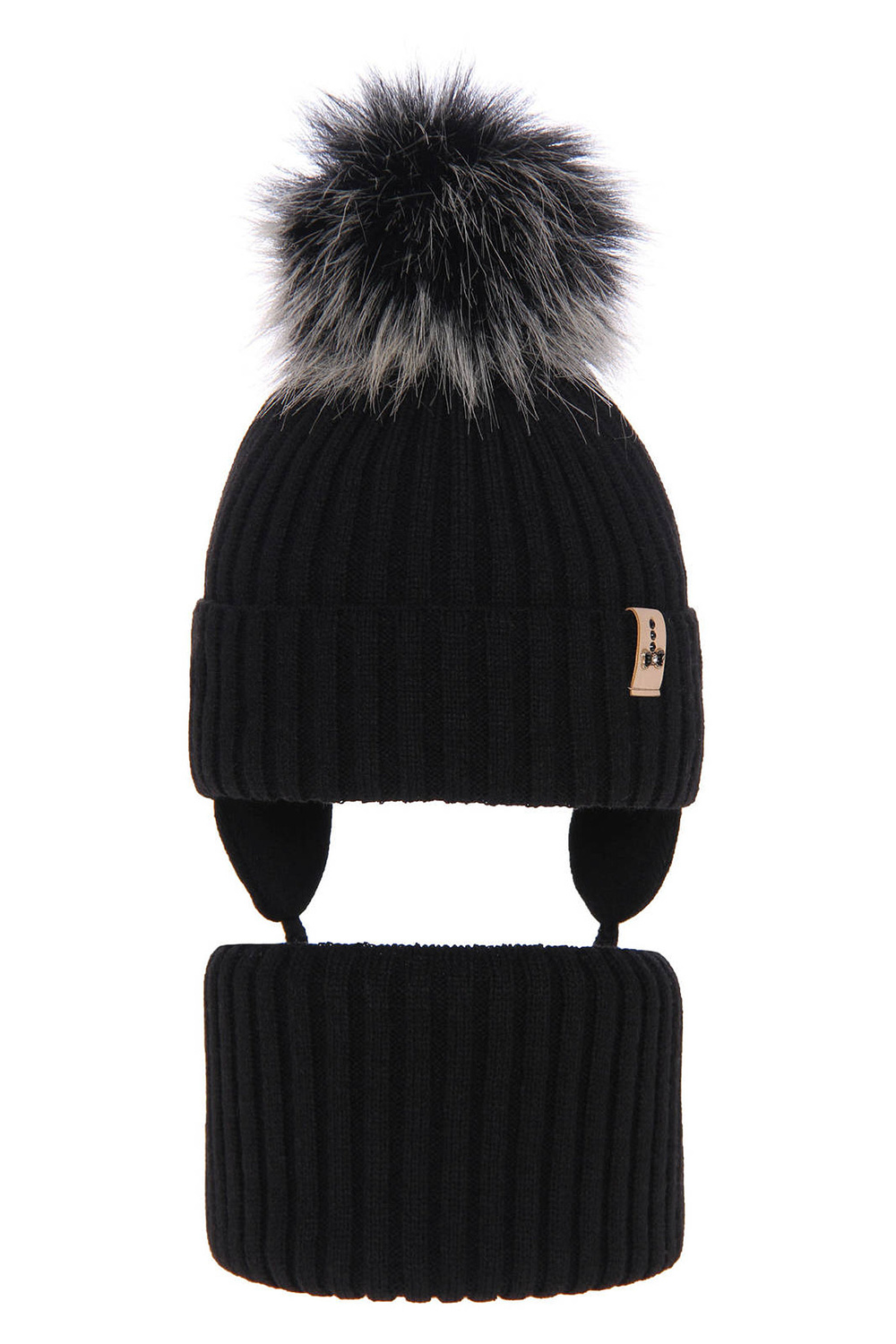 Flicka vinter set: mössa och tubhalsduk, svart, med pompom, Preria